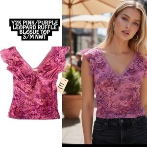 Y2K PINK PURPLE LEOPARD RUFFLE BLOUSE TOP SMALL/MEDIUM